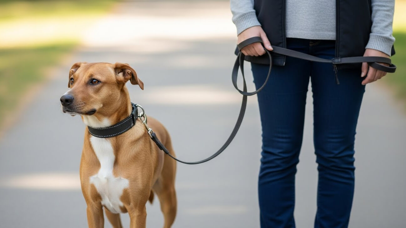 Perro paseando con su dueño.