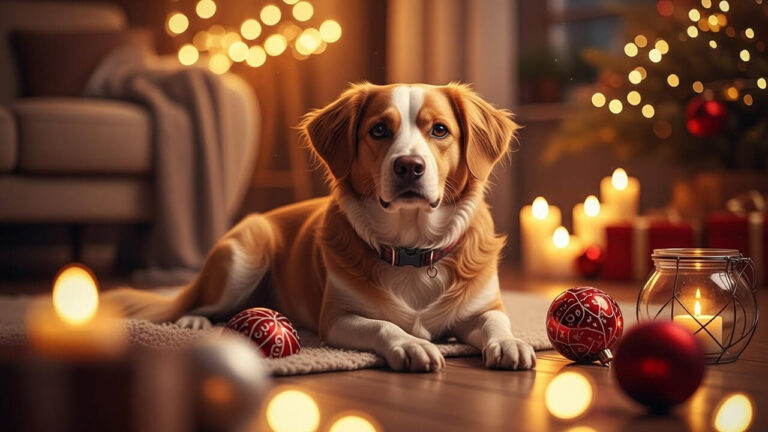 Perro en ambiente navideño acogedor.