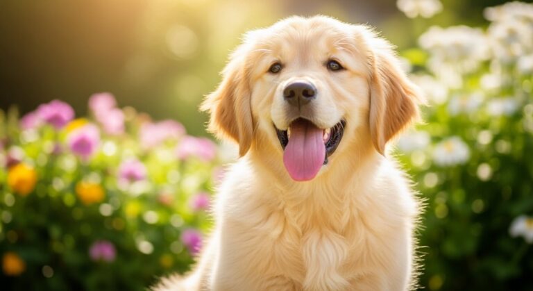 a dog with its tongue out golden-retriever