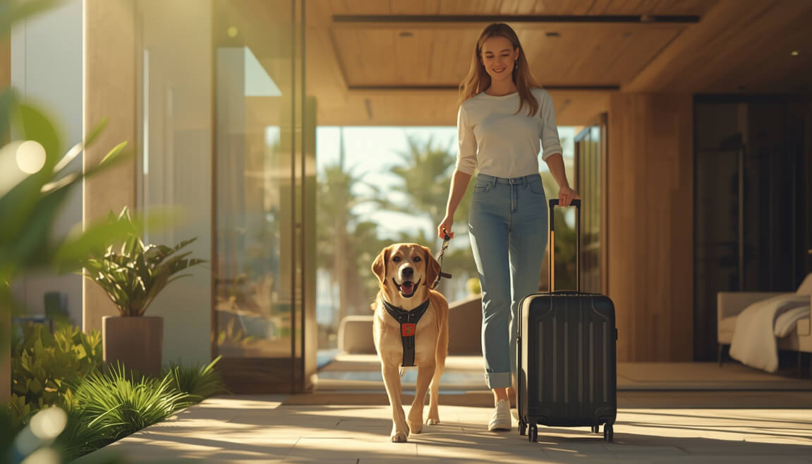 Mujer viajando con perro y maleta.