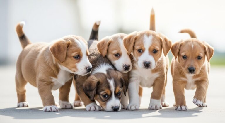 Cuatro cachorros adorables jugando juntos.