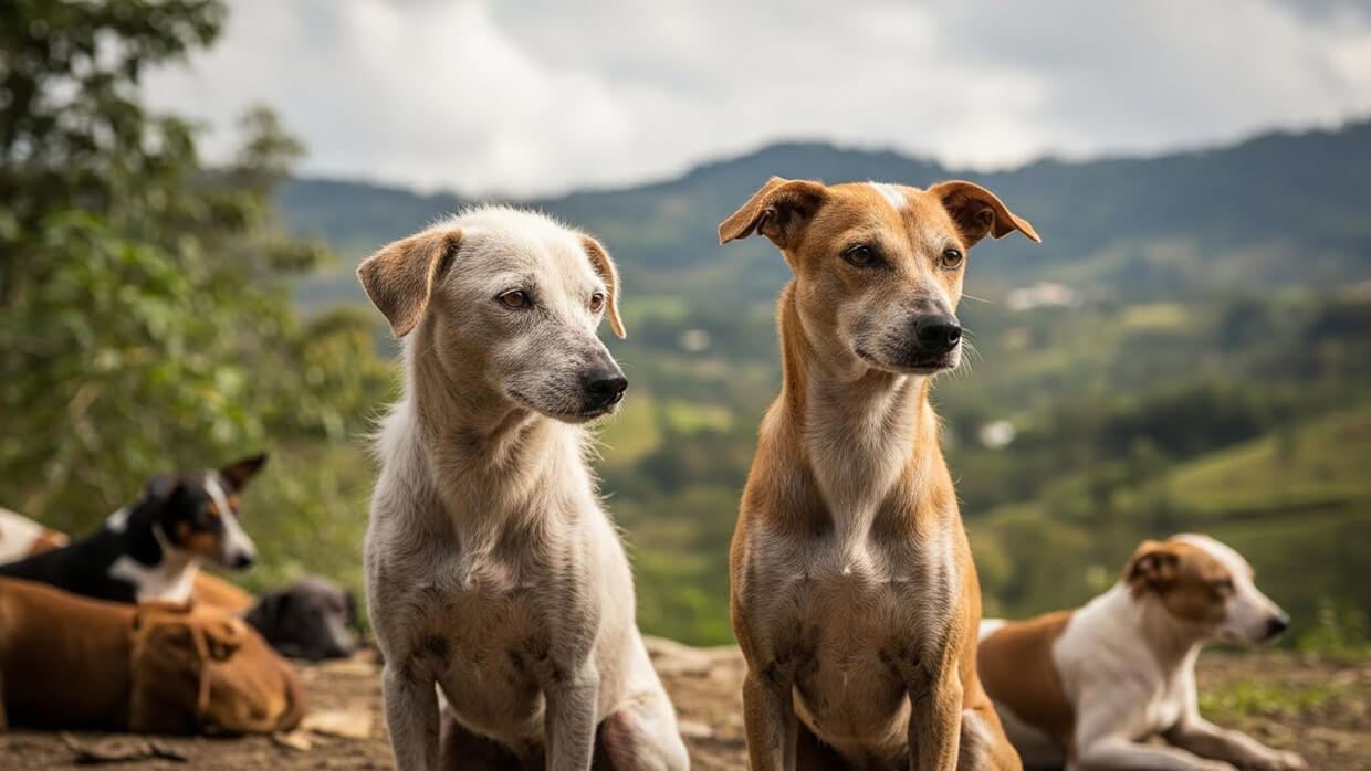 Dos perros en un paisaje natural.