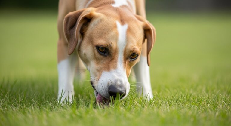 Perro olfateando el césped.