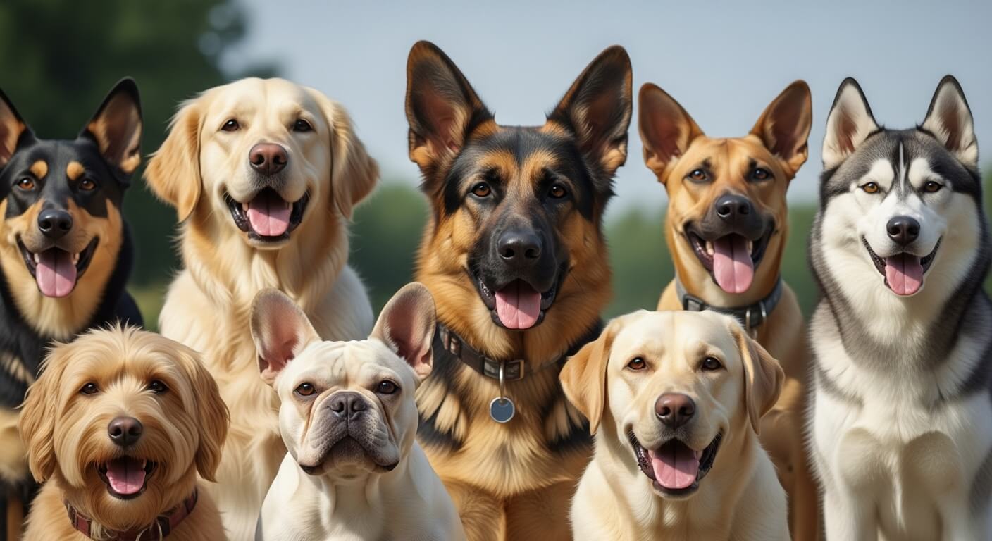 Grupo de perros felices juntos.
