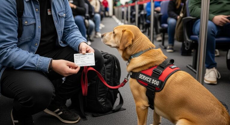 Un perro sentado en un asiento con una persona al fondo.